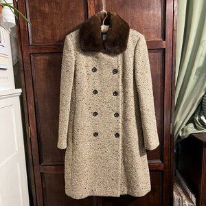 j Crew x Robert Noble Tweed Top Coat with Mink Collar size 8